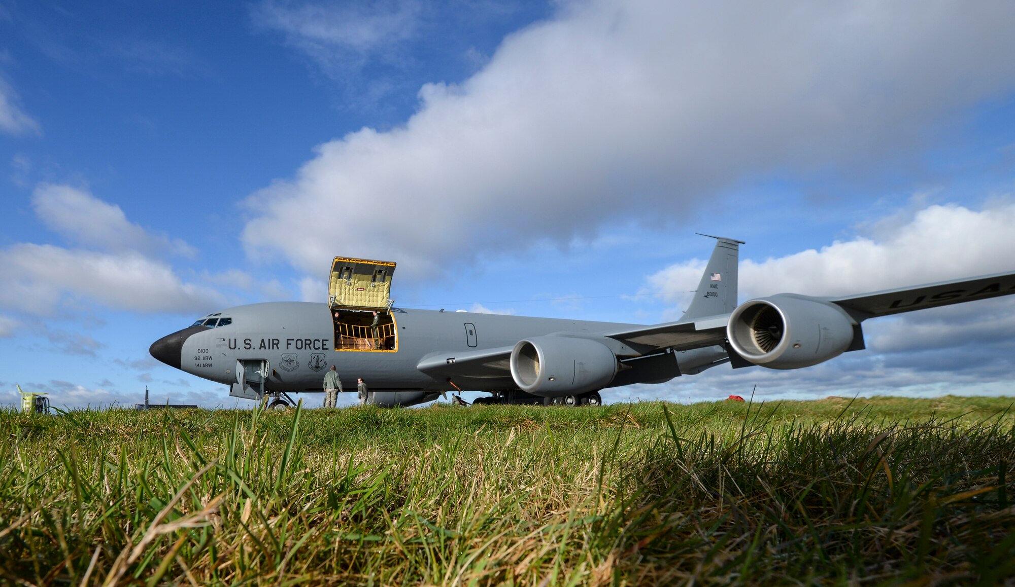 U.S. Air Force Airmen from the 100th Air Refueling Wing inspect a KC-135 Stratotanker after a flight March 29, 2016, on RAF Mildenhall, England. The aircraft was sent to Tinker Air Force Base, Okla., for depot maintenance. Since the jet was repainted the KC-135 will have the original nose art and historic Square D reapplied. (U.S. Air Force photo by Staff Sgt. Micaiah Anthony/Released)