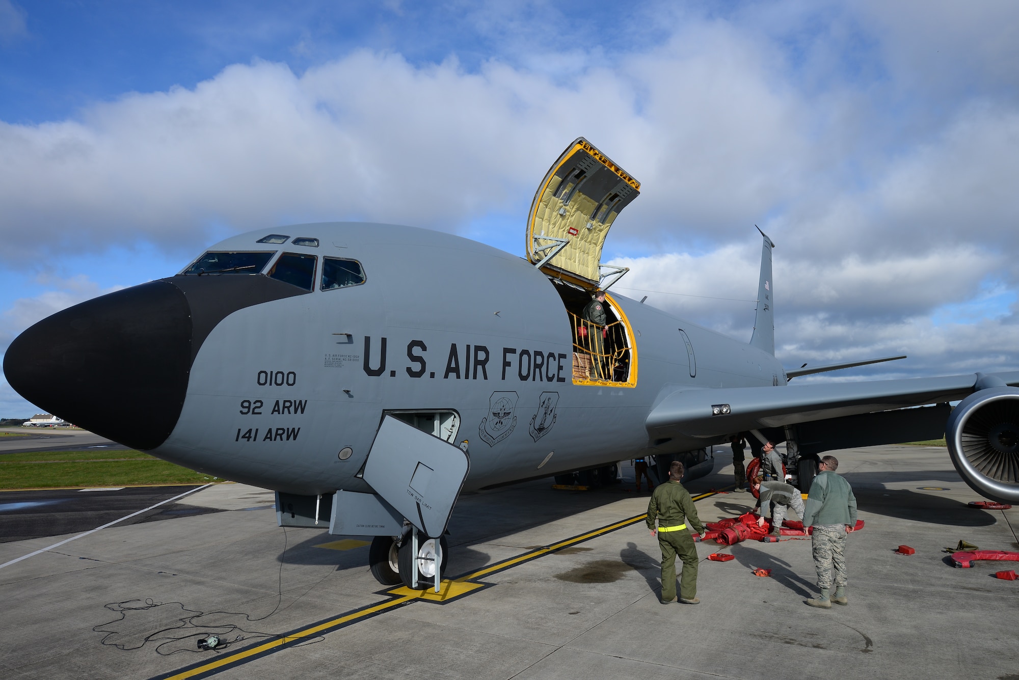 U.S. Air Force Airmen from the 100th Air Refueling Wing unload a KC-135 Stratotanker March 29, 2016, on RAF Mildenhall, England. Every five years KC-135s are sent to Tinker Air Force Base, Okla., for depot maintenance where the aircraft are disassembled down to their frames and then reassembled while having key components replaced. The aircraft are then painted and sent back to their home unit. (U.S. Air Force photo by Staff Sgt. Micaiah Anthony/Released) 
