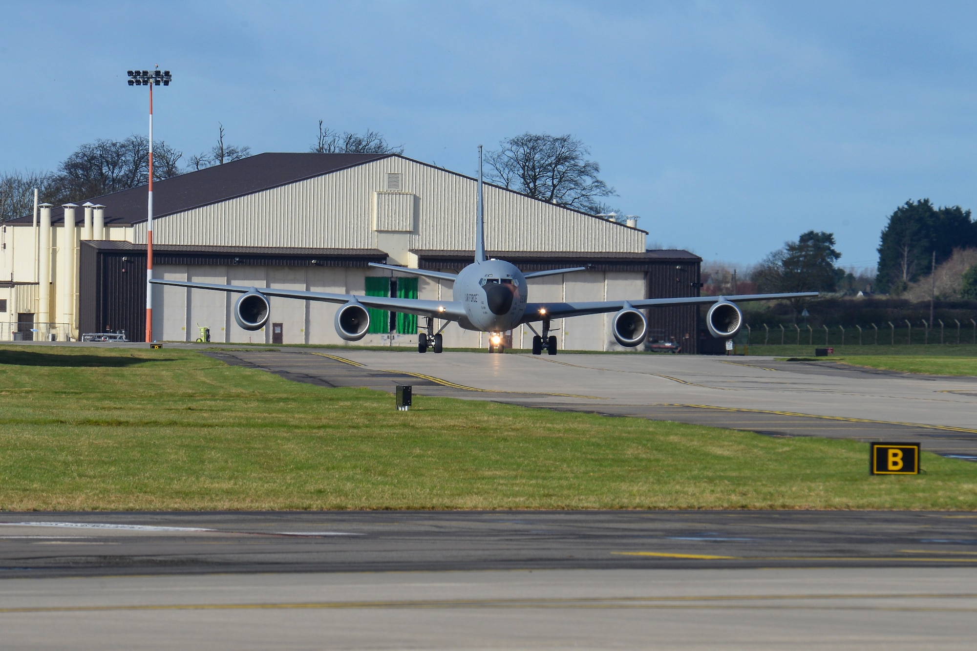 A U.S. Air Force KC-135 Stratotanker assigned to the 100th Air Refueling Wing taxis to a parking spot March 29, 2016, on RAF Mildenhall, England. This aircraft is the primary KC-135 flown by the wing commander and the top choice for static displays at special events. (U.S. Air Force photo by Staff Sgt. Micaiah Anthony/Released)