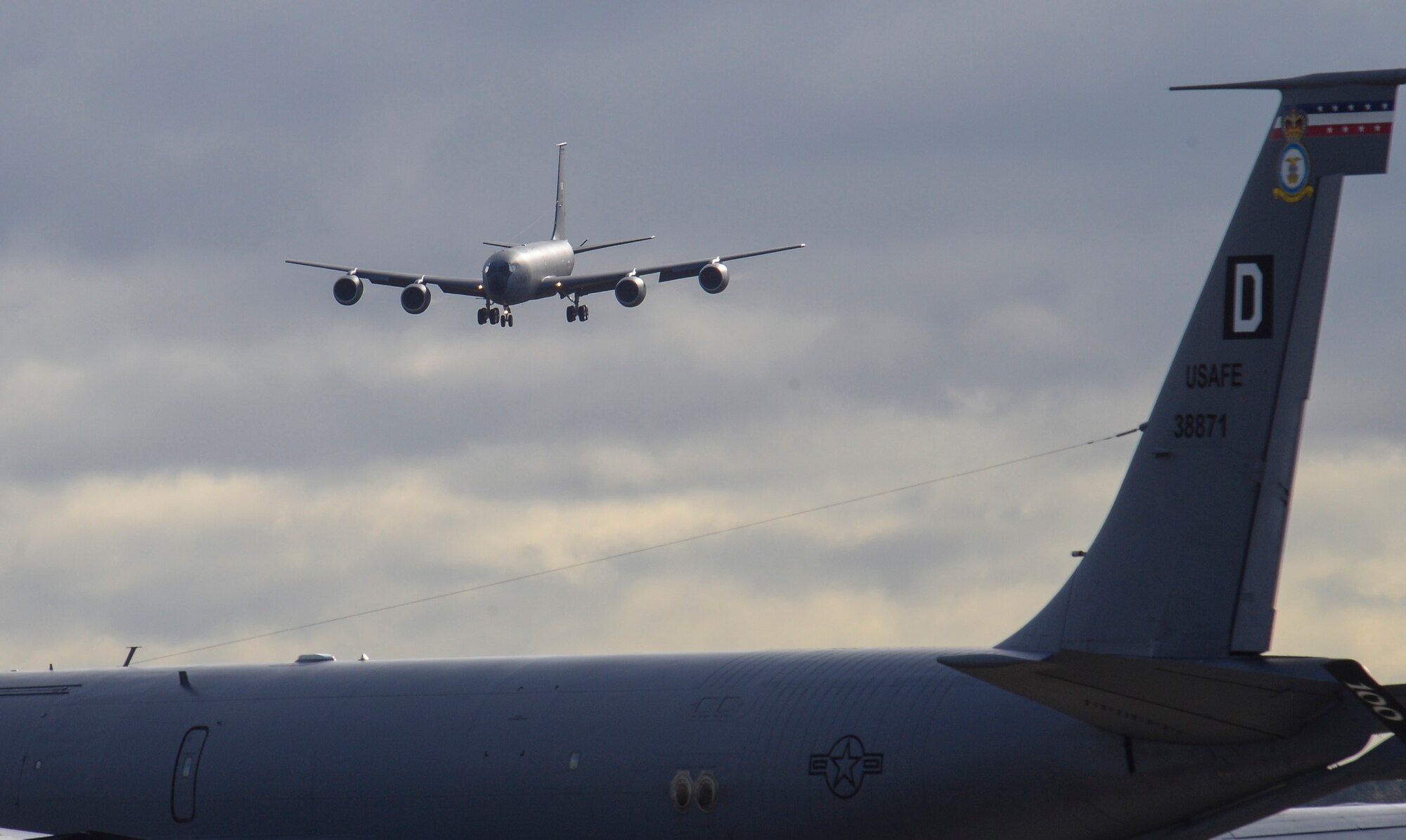 A U.S. Air Force KC-135 Stratotanker assigned to the 100th Air Refueling Wing prepares to land March 29, 2016, on RAF Mildenhall, England. The KC-135 spent nine months in depot maintenance at Tinker Air Force Base, Okla. and Fairchild AFB, Wash. While in depot maintenance, the aircraft was repainted and had key components replaced. (U.S. Air Force photo by Staff Sgt. Micaiah Anthony/Released)