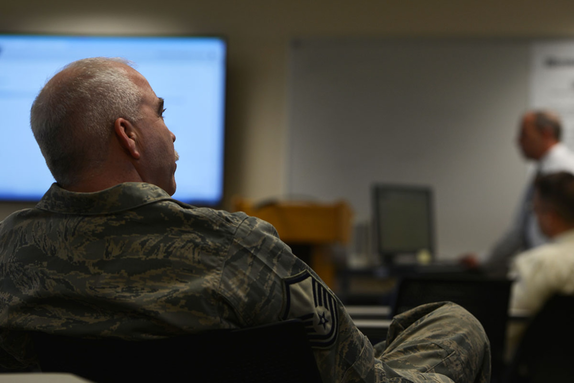 Alaska Airmen sit through Air Force Logistics Installations and Mission Support-Enterprise training on Joint Base Elmendorf-Richardson, March 24, 2016. The program performs data gathering across multiple platforms, which allows key leaders to see information throughout the Air Force to make logistical decisions. (U.S. Air Force photo by Airman 1st Class Javier Alvarez)
