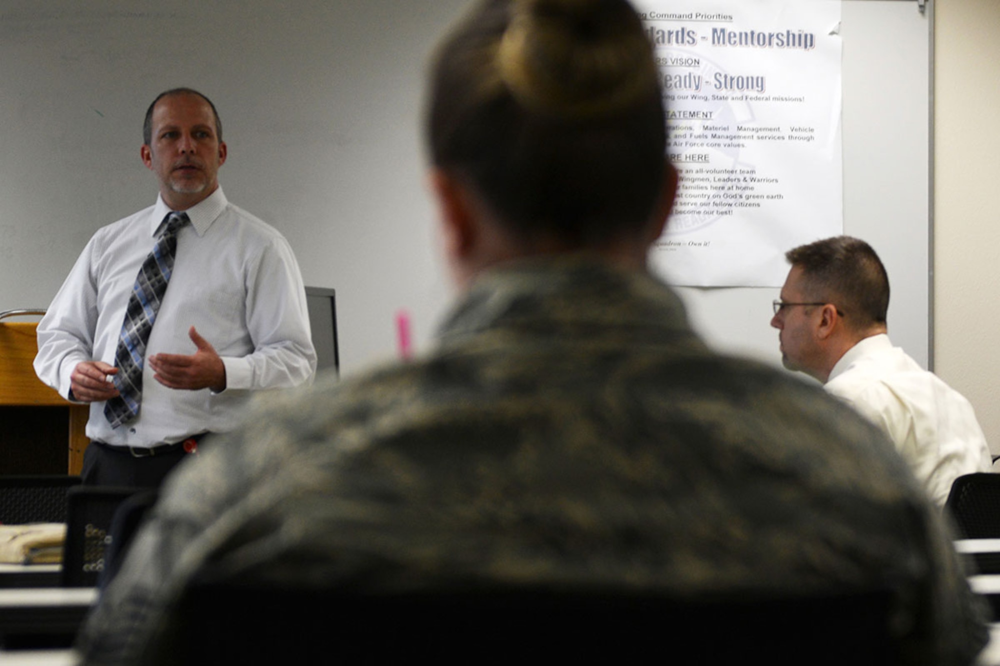 Christopher Favreau, Headquarters Air Force A4PA Logistics Installations and Mission Support-Enterprise View team lead, teaches a class on LIMS-EV on Joint Base Elmendorf-Richardson, March 24, 2016. Use of LIMS-EV use has jumped from 6,000 to 15,000 users in the last year. (U.S. Air Force photo by Airman 1st Class Javier Alvarez)