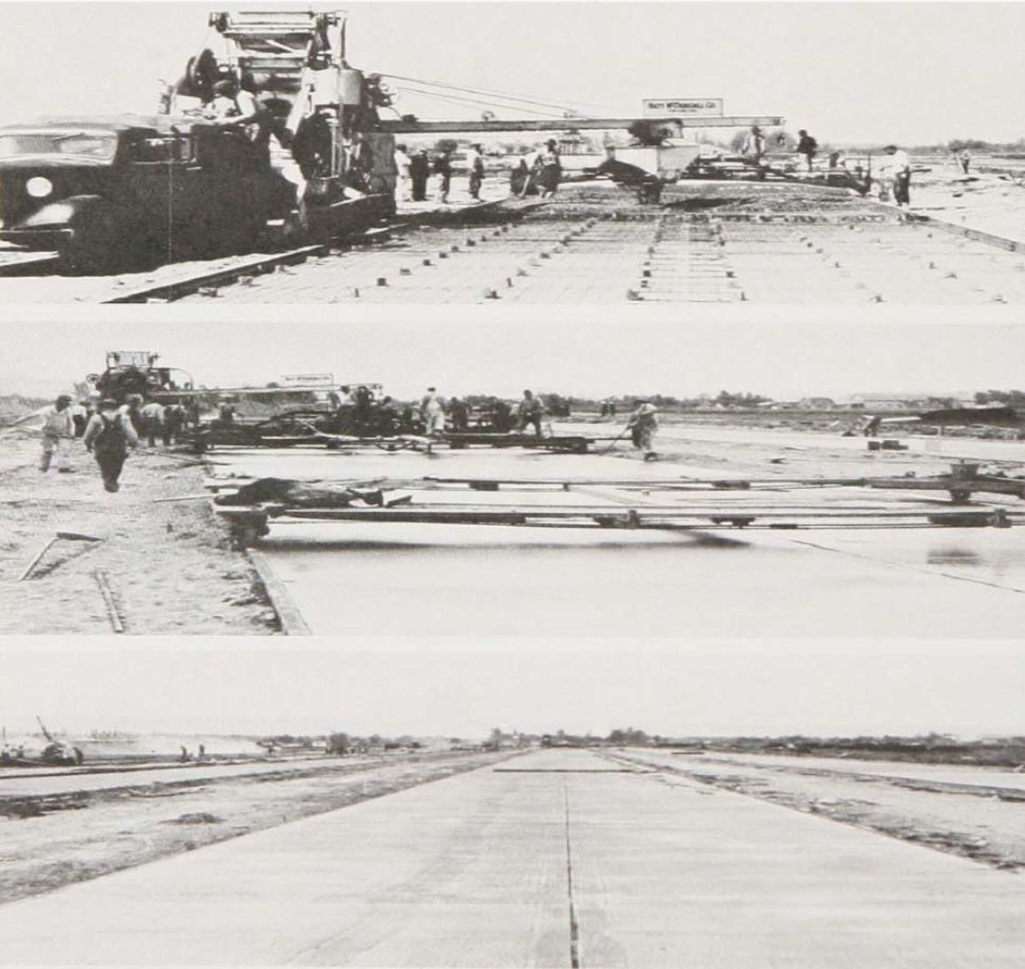 These views show the steps in runway construction, from placing the reinforced foundation, to the pouring and then the curing of the concrete surface.  (Courtesy Portland District, Army Corps of Engineers)