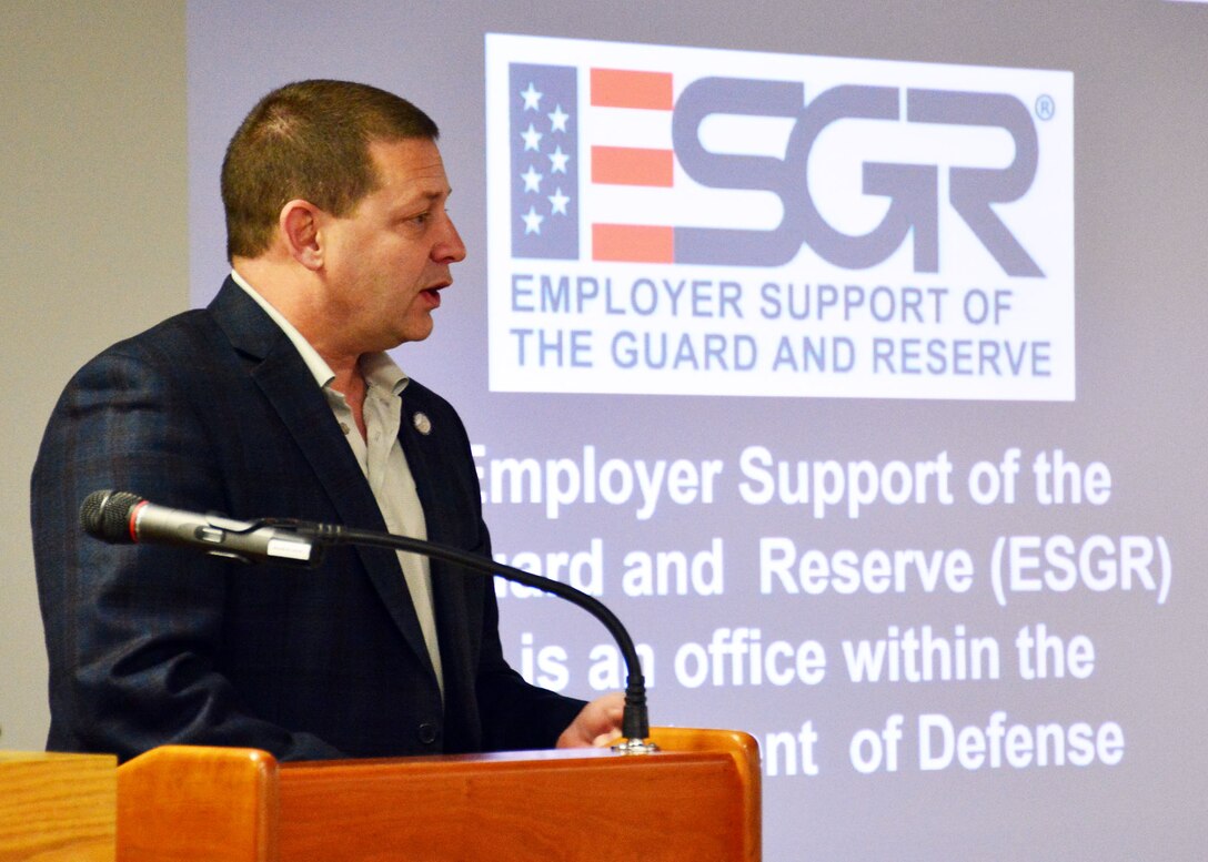 Montana State Senator and Employer Support of the Guard and Reserve Area Chairman Ed Buttrey briefs employers and community leaders on the ESGR mission during the “Breakfast with the Boss” event held on base in Great Falls, Mont. March 5, 2016.   (U.S. Air National Guard photo by Senior Master Sgt. Eric Peterson)