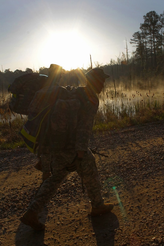 Soldiers participate in a 12-mile ruck march as part of the 2016 Best Warrior and Drill Sergeant of the Year competition at Fort Jackson, S.C., March 22, 2016. Army photo by Maj. Michelle Lunato