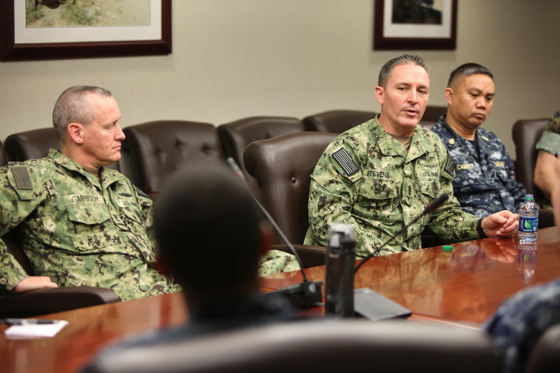 Master Chief Petty Officer of the Navy, Master Chief Michael D. Stevens speaks with senior enlisted leaders during a visit to Marine Corps Air Station Cherry Point, N.C., March 22, 2016. Stevens is on a two weeklong trip visiting Sailors on the East Coast discussing current trending topics, including; rating changes, deployment opportunities and the importance of senior leaders effectively communicating with their subordinates. (U.S. Marine Corps photo by Cpl. Jason Jimenez/Released)