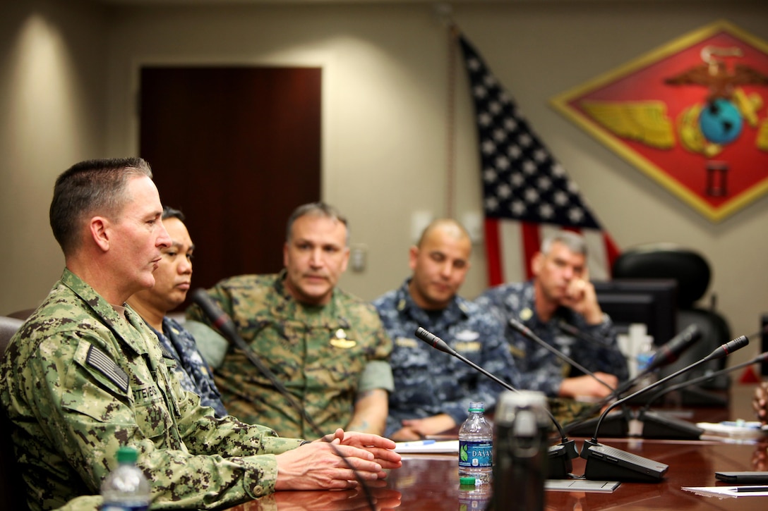 Master Chief Petty Officer of the Navy, Master Chief Michael D. Stevens speaks with senior enlisted leaders during a visit to Marine Corps Air Station Cherry Point, N.C., March 22, 2016. Stevens is on a two weeklong trip visiting Sailors on the East Coast discussing current trending topics, including; rating changes, deployment opportunities and the importance of senior leaders effectively communicating with their subordinates. (U.S. Marine Corps photo by Cpl. Jason Jimenez/Released)