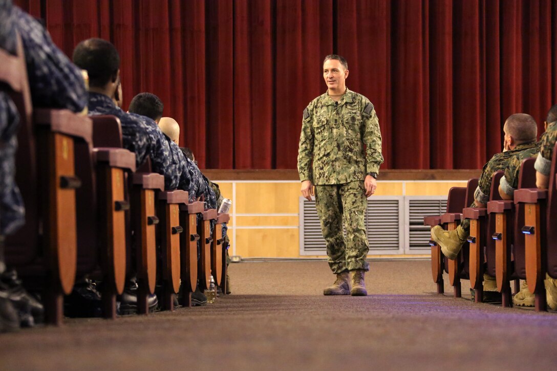 Master Chief Petty Officer of the Navy Mike Stevens gives a brief to Marines and Sailors with 2nd Marine Aircraft Wing and the Naval Health Clinic Cherry Point at Marine Corps Air Station Cherry Point, N.C., March 22, 2016.  The MCPON discuss current trending and important topics, including: rating changes, deployment opportunities and the importance of senior leaders effectively communicating with their subordinates. (U.S. Marine Corps photo by Cpl. N. W. Huertas/Released)