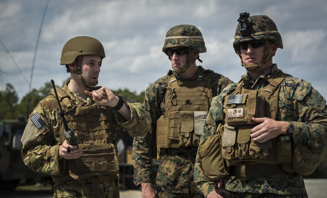 U.S. Marines with 2nd Air Naval Gunfire Liaison Company oversee a joint tactical air control operation with NATO partners at Camp Lejeune, N.C., March 25, 2016. The training enhanced interoperability between the U.S., French, British, and Dutch forces, while the U.S. Marines provided fire and aviation support. (U.S. Marine Corps photo by Lance Cpl. Erick Galera/Released)