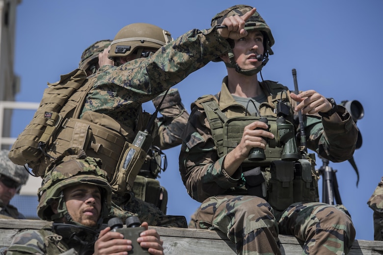 U.S. Marines with 2nd Air Naval Gunfire Liaison Company and Dutch Marines with 25 Reconnaissance Surveillance oversee a joint tactical air control operation at Observation Post 2 in Camp Lejeune, N.C., March 25, 2016. The training enhanced interoperability between the U.S., French, British, and Dutch forces, while the U.S. Marines provided fire and aviation support.  (U.S. Marine Corps photo by Lance Cpl. Erick Galera/Released)