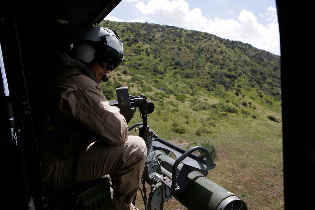 Marines with Marine Light Attack Helicopter Squadron-369, Marine Aircraft Group 39 at Marine Corps Air Station Camp Pendleton go on a flight with a UH-1Y Venom around Camp Pendleton March 29, 2016. The mission of Marine Aircraft Group 39 is to provide utility helicopter support, close-in fire support, fire support coordination, aerial reconnaissance, observation and forward air control in aerial and ground escort operations during ship-to-shore movement and subsequent operations ashore. 