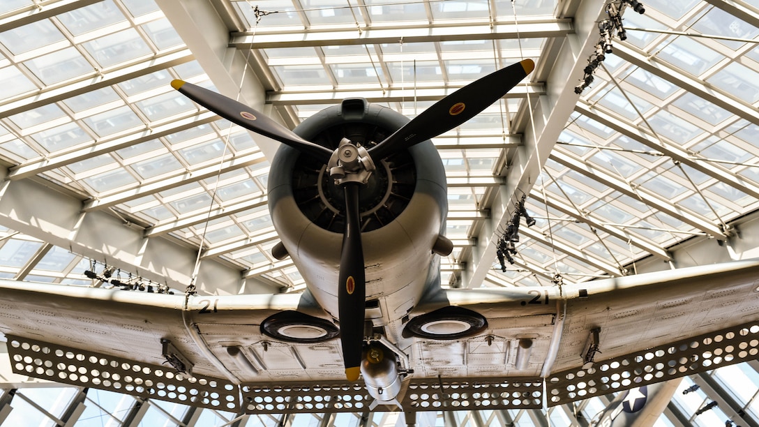 The WWII SBD  Dauntless dive-bomber showcases the heroic actions of the commanding officer of Marine Scout Bombing Squadron 232 and his observer/gunner over Guadalcanal in August  1942. After temporarily closing its doors nearly three months ago, the National Museum for the Marine Corps will re-open to the public on April 1, 2016 at 9 a.m. Visitors will discover a recently restored World War II SBD Dauntless dive bomber and Vietnam-era Sikorsky UH-34D helicopter which were installed during the closure
