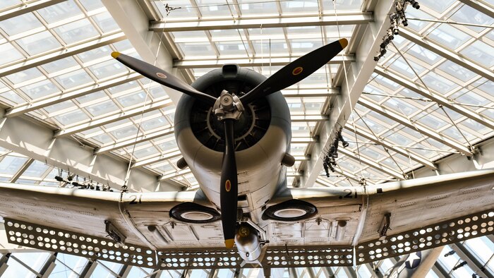 The WWII SBD  Dauntless dive-bomber showcases the heroic actions of the commanding officer of Marine Scout Bombing Squadron 232 and his observer/gunner over Guadalcanal in August  1942. After temporarily closing its doors nearly three months ago, the National Museum for the Marine Corps will re-open to the public on April 1, 2016 at 9 a.m. Visitors will discover a recently restored World War II SBD Dauntless dive bomber and Vietnam-era Sikorsky UH-34D helicopter which were installed during the closure