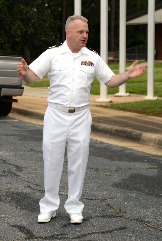 Lt. Cmdr. Erskine Alvis, chaplain, Headquarters and Support Battalion, Camp Lejeune, N.C., delivers the benediction and closing remarks outside the sanctuary of Marine Corps Logistics Base Albany’s Chapel of the Good Shepherd, here. Parishioners, who had attended Easter Sunrise Service, March 27, were invited back inside the chapel for fellowship and refreshments after worship.
