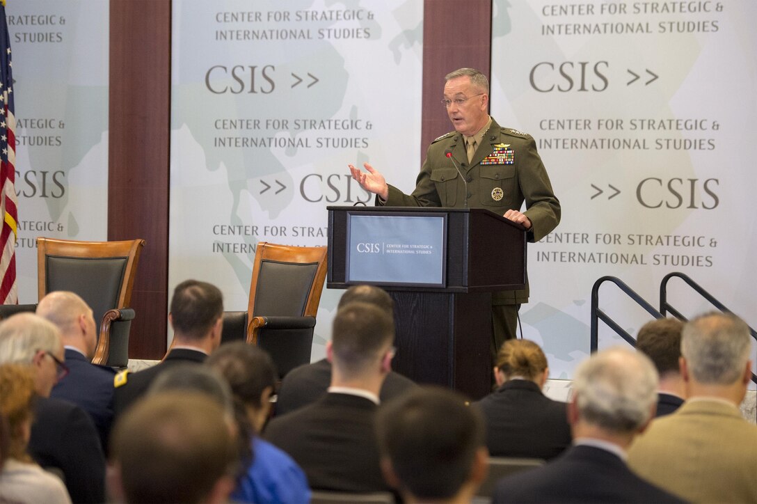 Marine Corps Gen. Joe Dunford, chairman of the Joint Chiefs of Staff, speaks at a Center for Strategic and International Studies forum on global security challenges in Washington, D.C., March 29, 2016. DoD photo by Navy Petty Officer 2nd Class Dominique A. Pineiro