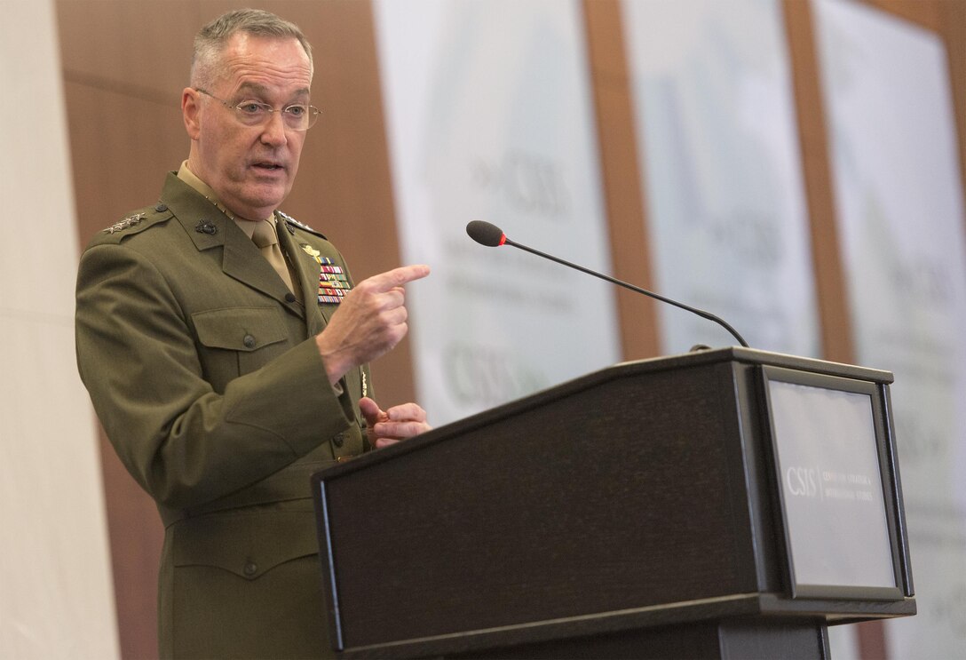 Marine Corps Gen. Joe Dunford, chairman of the Joint Chiefs of Staff, speaks at the Center for Strategic and International Studies in Washington, D.C., March 29, 2016. DoD photo by Navy Petty Officer 2nd Class Dominique A. Pineiro