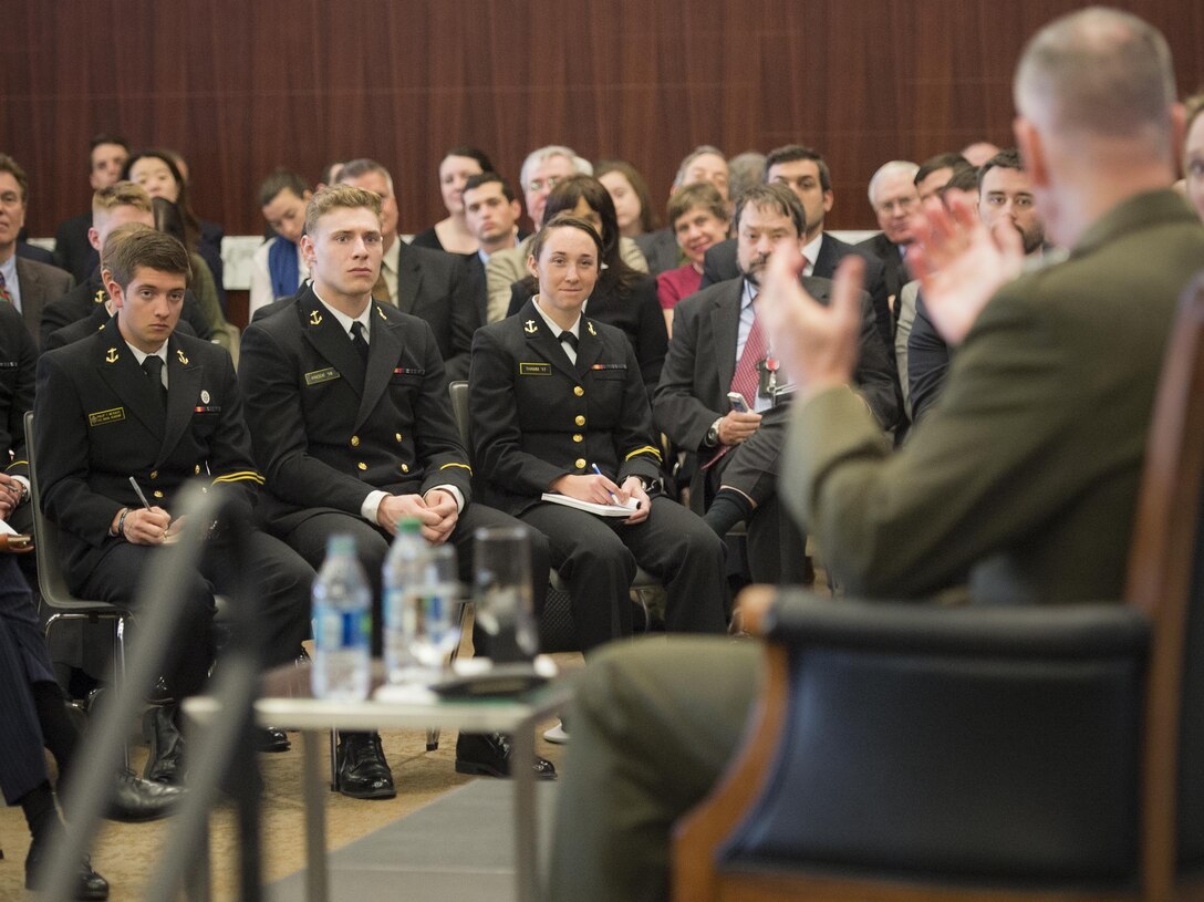 Attendees listen as Marine Corps Gen. Joe Dunford, chairman of the Joint Chiefs of Staff, speaks during a forum on global security challenges at the Center for Strategic and International Studies in Washington, D.C., March 29th, 2016. DoD photo by Navy Petty Officer 2nd Class Dominique A. Pineiro