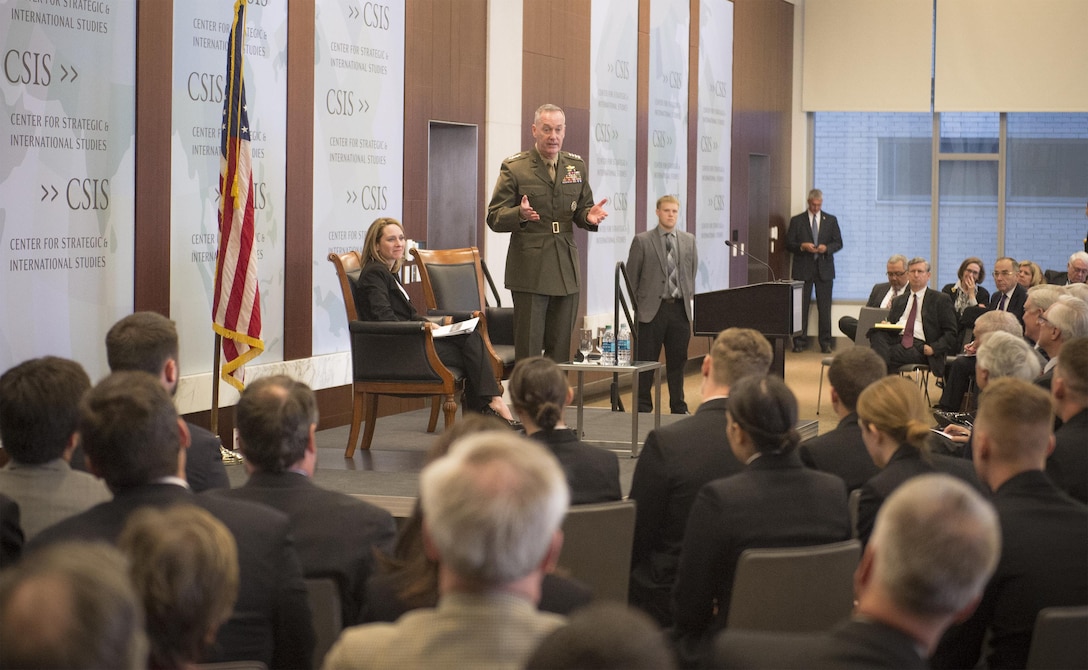 Marine Corps Gen. Joe F. Dunford, chairman of the Joint Chiefs of Staff, speaks to attendees of a forum on global security challenges at the Center for Strategic and International Studies in Washington, D.C., March 29, 2016. DoD photo by Navy Petty Officer 2nd Class Dominique A. Pineiro