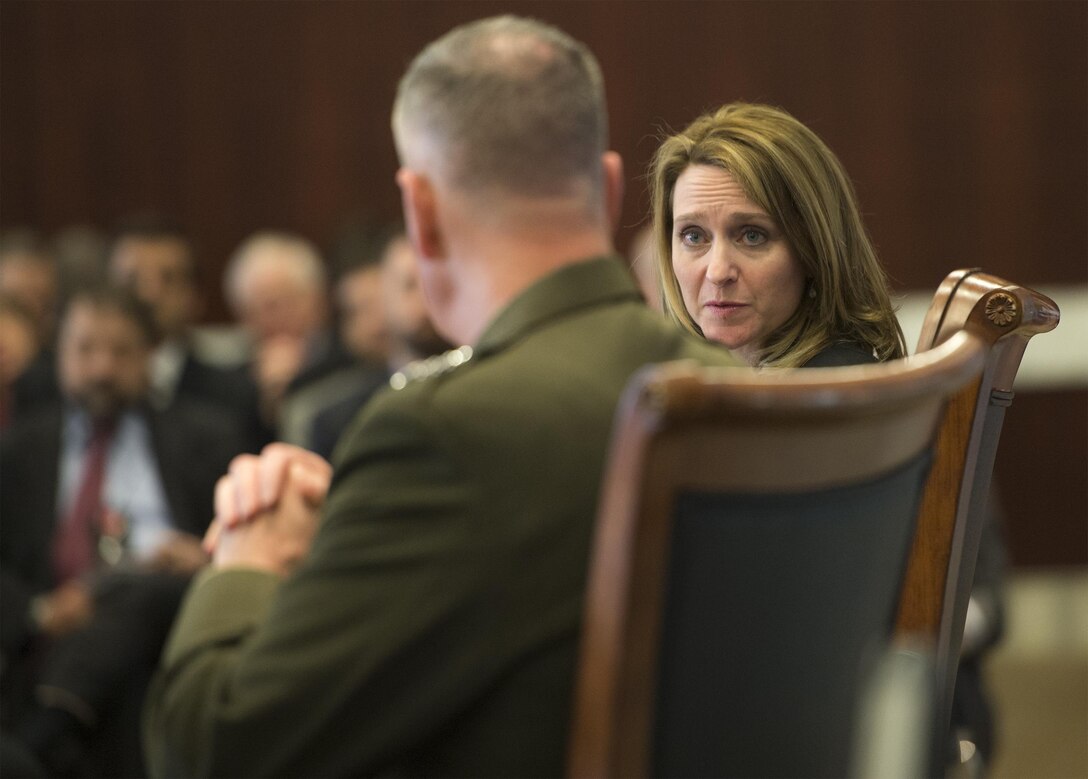 Marine Corps Gen. Joe Dunford, chairman of the Joint Chiefs of Staff, participates in a discussion with scholar Kathleen H. Hicks at the Center for Strategic and International Studies in Washington, D.C., March 29, 2016. DoD photo by Navy Petty Officer 2nd Class Dominique A. Pineiro