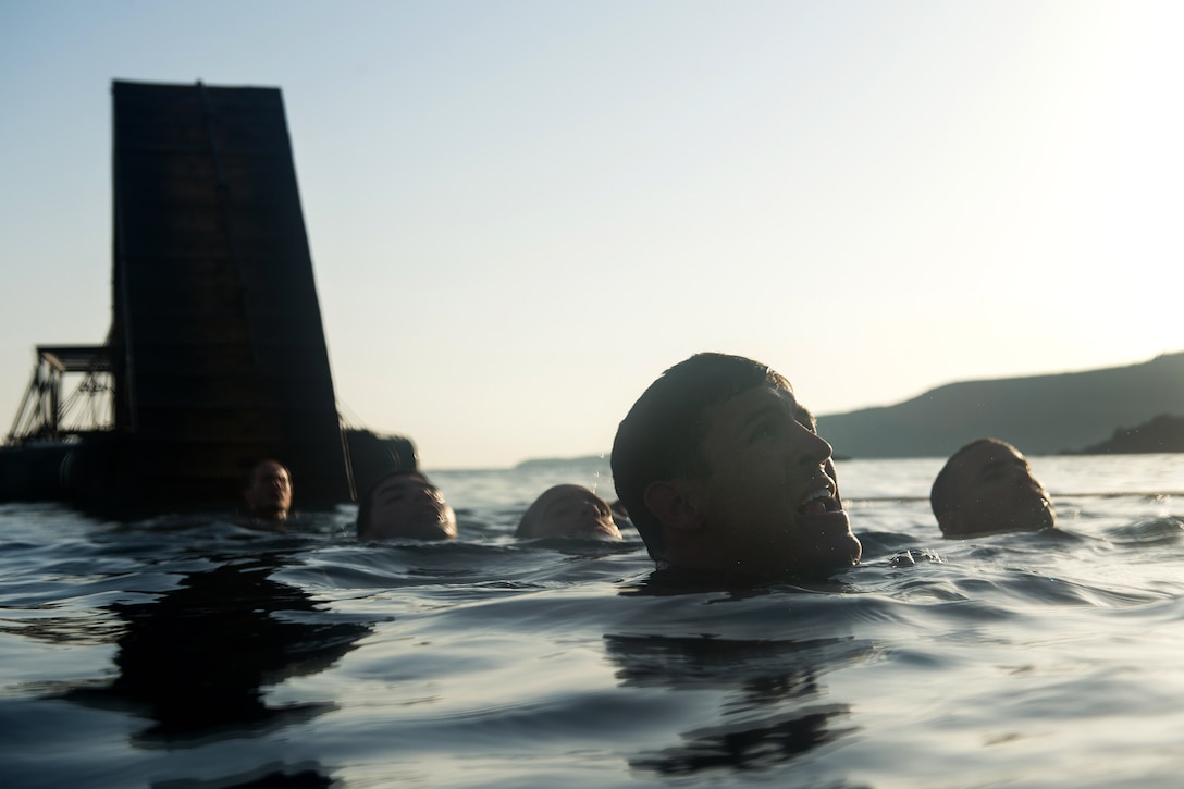 U.S. soldiers tread water during a desert commando course in Arta, Djibouti, March 15, 2016. Air Force photo by Tech. Sgt. Barry Loo