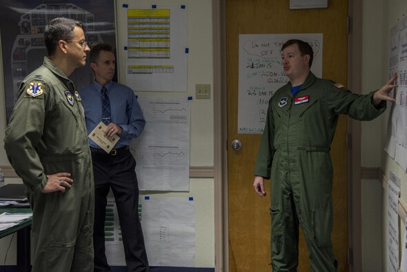 Lt. Col. Keith Eveland (right), 99th Flying Training Squadron assistant director of operations, briefs Col. Michael Snell (left), 12th Flying Training Wing vice commander, and David Bernaki, 12th Operations Support Squadron lead Introduction to Fighter Fundamentals weapons system civilian simulator instructor, March 18 at Joint Base San Antonio-Randolph. The CPI team, which met March 15-18 and March 23, identified 11 possible solutions, or countermeasures, in response to an Air Force Audit Agency analysis of the Aviation Into-plane Reimbursement Card program that revealed problems such as inaccurate and duplicate transactions as well as purchases that exceed an aircraft’s fuel capacity.