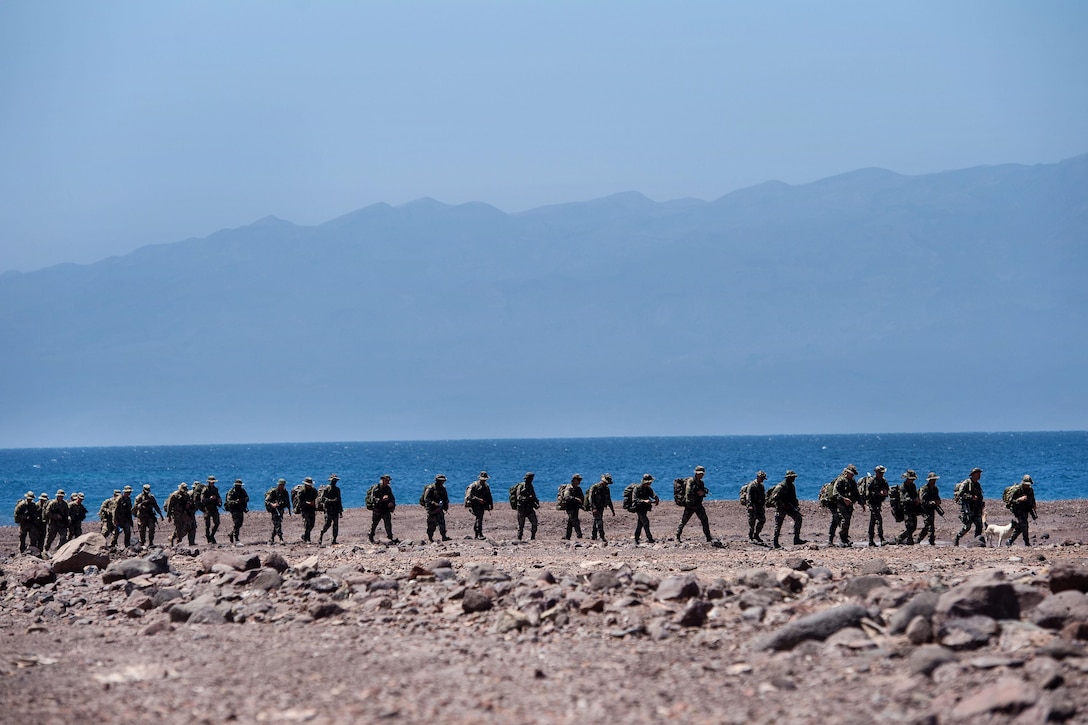 U.S. and French Foreign Legion soldiers march to a rally point after participating in a desert commando course in Arta, Djibouti, March 15, 2016. Air Force photo by Tech. Sgt. Barry Loo
