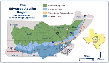 Geographically, the Edwards Aquifer extends through parts of Kinney, Uvalde, Zavala, Medina, Frio, Atascosa, Bexar, Comal, Guadalupe and Hays counties and covers an area approximately 180 miles long and five to 40 miles wide. The total surface area overlying the aquifer is approximately 3,600 square miles. The aquifer is the primary water source for much of south central Texas, including the City of San Antonio and its surrounding communities.