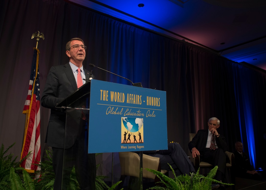 Defense Secretary Ash Carter delivers the keynote address at the World Affairs Council's 2016 Global Education Gala in Washington, D.C., March 29, 2016. DoD photo by Navy Petty Officer 1st Class Tim D. Godbee