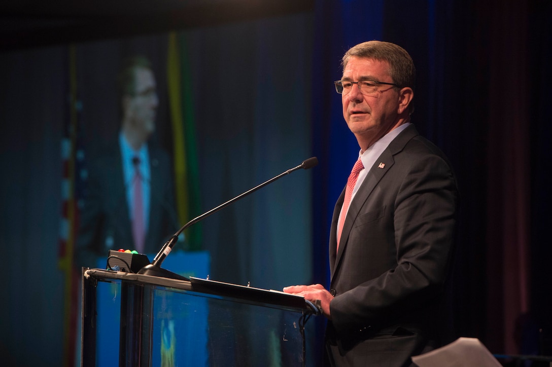 Defense Secretary Ash Carter delivers the keynote address at the World Affairs Council's 2016 Global Education Gala in Washington, D.C., March 29, 2016. Carter also received the council's International Public Service Award during the event. DoD photo by Navy Petty Officer 1st Class Tim D. Godbee