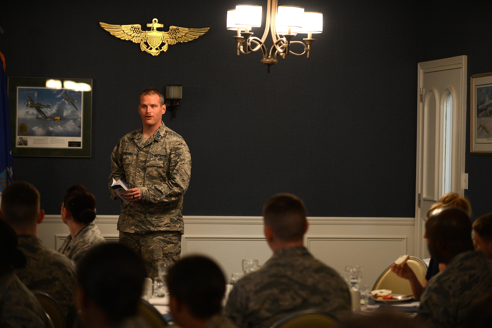 U.S. Air Force Capt. Michael Klingshirn, 20th Aerospace Medicine Squadron public health flight commander, delivers remarks during the Air Force Assistance Fund kickoff commander’s breakfast at Shaw Air Force Base, S.C., March 25, 2016. The AFAF is comprised of four affiliate charities: the Air Force Aid Society, the LeMay Foundation, the Air Force Villages Charitable Foundation, and the Air Force Enlisted Village. (U.S. Air Force photo by Senior Airman Jonathan Bass)