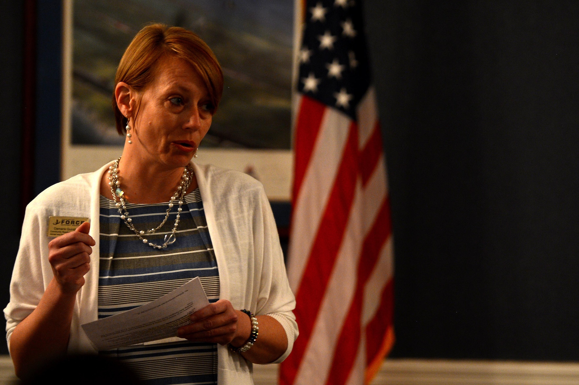 Damaris Quintiliani, 20th Force Support Squadron Airman and Family Readiness Center community readiness consultant, tells attendees of the Air Force Assistance Fund kickoff commander’s breakfast about the benefits of the Air Force Aid Society at Shaw Air Force Base, SC., March 25, 2016. The AFAS offers grants and scholarships to Air Force dependent children and spouses for college, as well as emergency finances for funerals or medical supplies. (U.S. Air Force photo by Senior Airman Jonathan Bass)