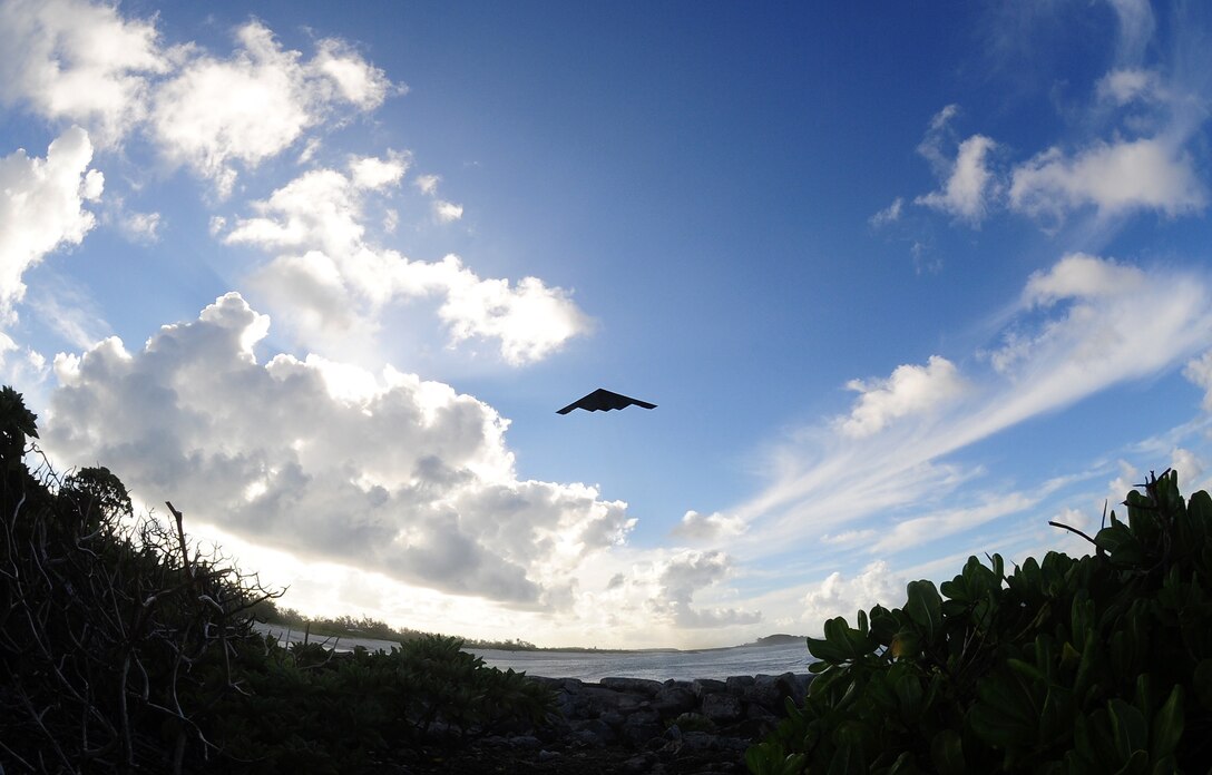 A U.S. Air Force B-2 Spirit bomber, deployed from Whiteman Air Force Base, Mo., takes off, March 27, 2016, in the U.S. Pacific Command area of operations . Bomber operations provide a visible demonstration of the U.S. Air Force's ability to project power globally and respond to any potential crisis or challenge. (U.S. Air Force photo by Senior Airman Joel Pfiester/Released)   