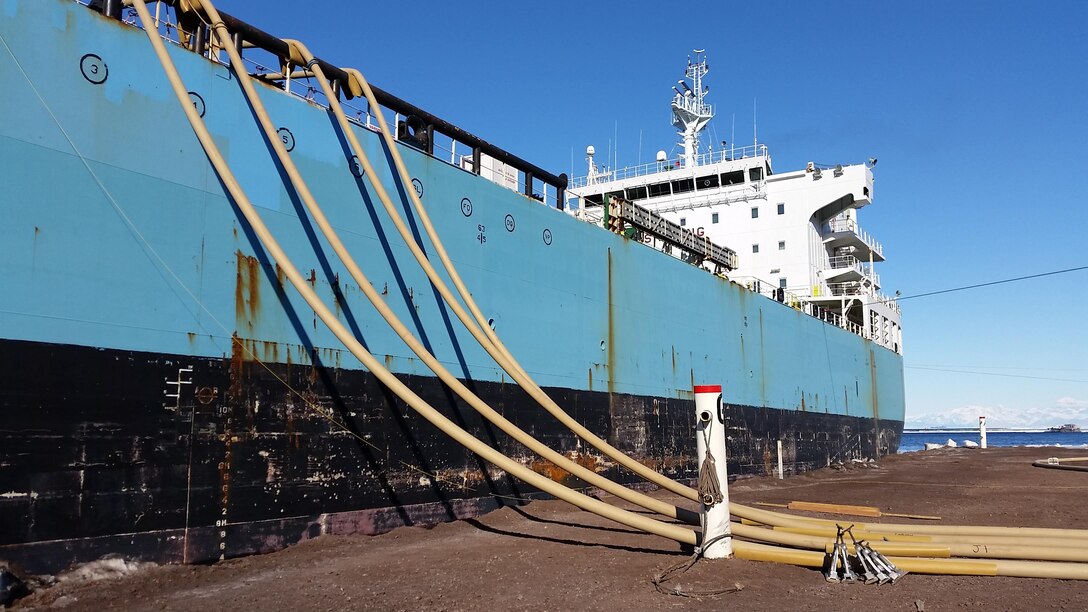 The Military Sealift Command's charter fuel tanker MEARSK PEARY offloads fuel at McMurdo Station Antarctica, Feb. 5, 2016, during Operation DEEP FREEZE, the Department of Defense's support of the U.S. Antarctic Program and the National Science Foundation. This year marked the 60th Anniversary of the operation. (Courtesy photo)