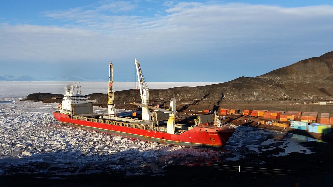 A Military Sealift Command charter cargo vessel OCEAN GIANT transports cargo at McMurdo Station, Antarctica, Jan. 27, 2016, during Operation DEEP FREEZE, the Department of Defense's support of the U.S. Antarctic Program and the National Science Foundation. This year marked the 60th Anniversary of the operation. (Courtesy photo)