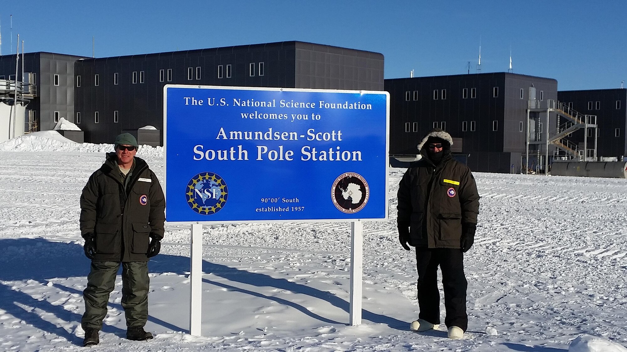 U.S. Air Force Brig. Gen. Dirk Smith, Joint Task Force - Support Forces Antarctica commander, and Col. Mark Doll, JTF-SFA deputy commander, visit forces at Amundsen-Scott South Pole Station, Feb. 11, 2016, during Operation DEEP FREEZE, the Department of Defense's support of the U.S. Antarctic Program and the National Science Foundation. This year marked the 60th Anniversary of the operation. (Courtesy photo)