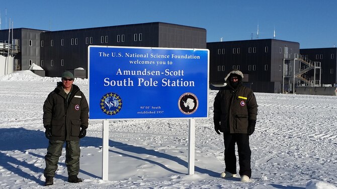 U.S. Air Force Brig. Gen. Dirk Smith, Joint Task Force - Support Forces Antarctica commander, and Col. Mark Doll, JTF-SFA deputy commander, visit forces at Amundsen-Scott South Pole Station, Feb. 11, 2016, during Operation DEEP FREEZE, the Department of Defense's support of the U.S. Antarctic Program and the National Science Foundation. This year marked the 60th Anniversary of the operation. (Courtesy photo)