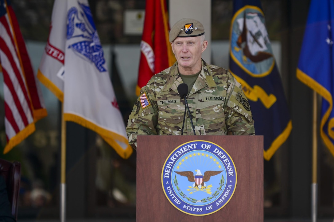 Army Gen. Raymond Thomas delivers remarks after assuming command of U.S. Special Operations Command at MacDill Air Force Base, Fla., March 30, 2016. Army Gen. Joseph Votel, the previous commander, assumed leadership of U.S. Central Command in a separate ceremony. Air Force photo by Tech. Sgt. Angelita M. Lawrence
