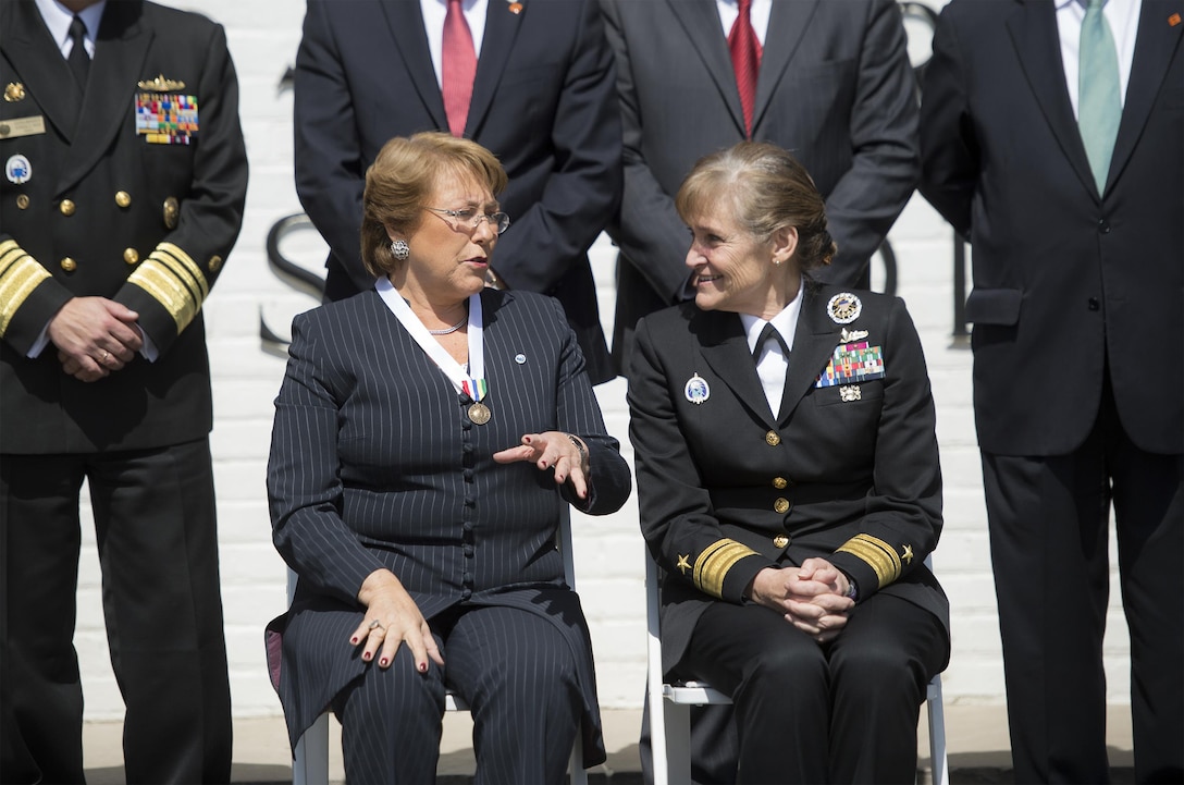 Navy Rear Adm. Martha Herb, right, director of the Inter-American Defense College, talks with Chilean President Michelle Bachelet at the college at Fort Lesley J. McNair in Washington, D.C., March 30, 2016. An alumna of the institution, Bachelet held a question-and-answer session with students, met with faculty and toured the campus. DoD photo by Navy Petty Officer 2nd Class Dominique A. Pineiro