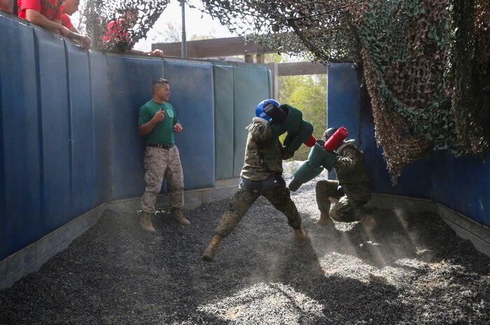 Recruits of Alpha Company, 1st Recruit Training Battalion, compete against each other during Pugil Sticks III at Marine Corps Recruit Depot San Diego, March 29. Recruits were encouraged to use any technique necessary to overcome their opponent during their single match. Annually, more than 17,000 males recruited from the Western Recruiting Region are trained at MCRD San Diego. Alpha Company is scheduled to graduate April 22.