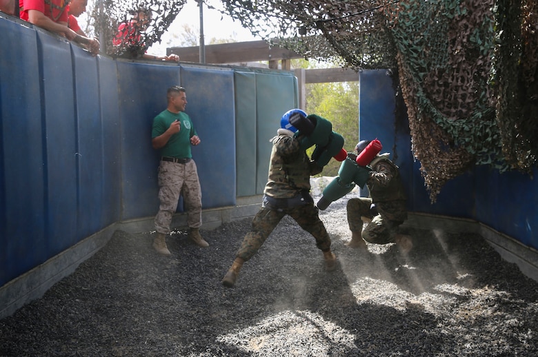 Recruits of Alpha Company, 1st Recruit Training Battalion, compete against each other during Pugil Sticks III at Marine Corps Recruit Depot San Diego, March 29. Recruits were encouraged to use any technique necessary to overcome their opponent during their single match. Annually, more than 17,000 males recruited from the Western Recruiting Region are trained at MCRD San Diego. Alpha Company is scheduled to graduate April 22.
