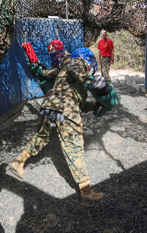 Recruits of Alpha Company, 1st Recruit Training Battalion, compete against each other during Pugil Sticks III at Marine Corps Recruit Depot San Diego, March 29. Recruits were encouraged to use any technique necessary to overcome their opponent during their single match. Annually, more than 17,000 males recruited from the Western Recruiting Region are trained at MCRD San Diego. Alpha Company is scheduled to graduate April 22.