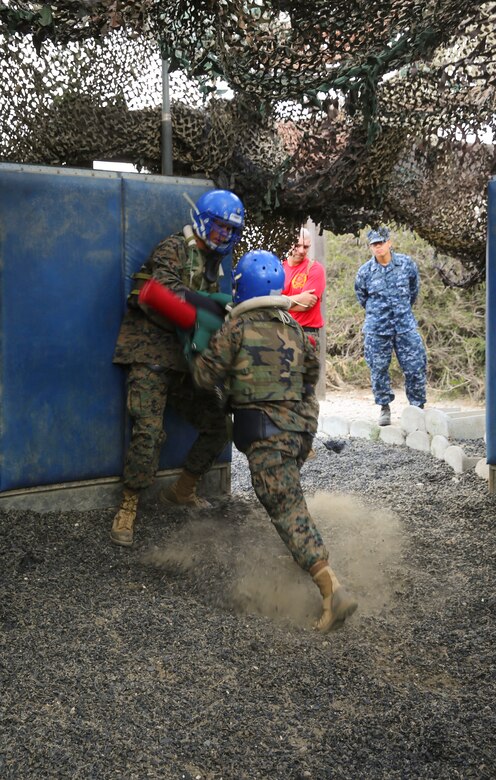 Recruits of Alpha Company, 1st Recruit Training Battalion, compete against each other during Pugil Sticks III at Marine Corps Recruit Depot San Diego, March 29. The recruits were taught offensive and defensive techniques in their Marine Corps Martial Arts Program classes, and this included learning bayonet techniques with their rifles. Annually, more than 17,000 males recruited from the Western Recruiting Region are trained at MCRD San Diego. Alpha Company is scheduled to graduate April 22.