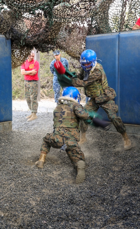 Recruits of Alpha Company, 1st Recruit Training Battalion, compete against each other during Pugil Sticks III at Marine Corps Recruit Depot San Diego, March 29. The recruits were taught offensive and defensive techniques in their Marine Corps Martial Arts Program classes, and this included learning bayonet techniques with their rifles. Annually, more than 17,000 males recruited from the Western Recruiting Region are trained at MCRD San Diego. Alpha Company is scheduled to graduate April 22.