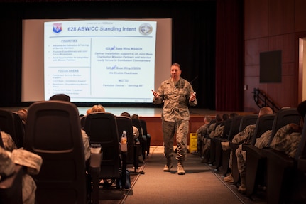 Colonel Rob Lyman, Joint Base Charleston commander, discusses the 628th Air Base Wing’s priorities for 2016 during a commander’s call, March 30, 2016, at Joint Base Charleston, S.C. The commander’s call included presentations on voting assistance, online prescription refills, civilian workforce overview and a questions and answers segment. (U.S. Air Force photo/Staff Sgt. Jared Trimarchi) 