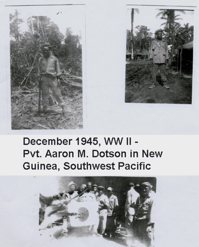 Then Pfc. Aaron M. Dotson, now a retired World War II and Vietnam War veteran, is photographed in New Guinea during World War II. Dotson was a cargo checker while serving as an enlisted Soldier and later commissioned as a social work officer. (Courtesy photo)