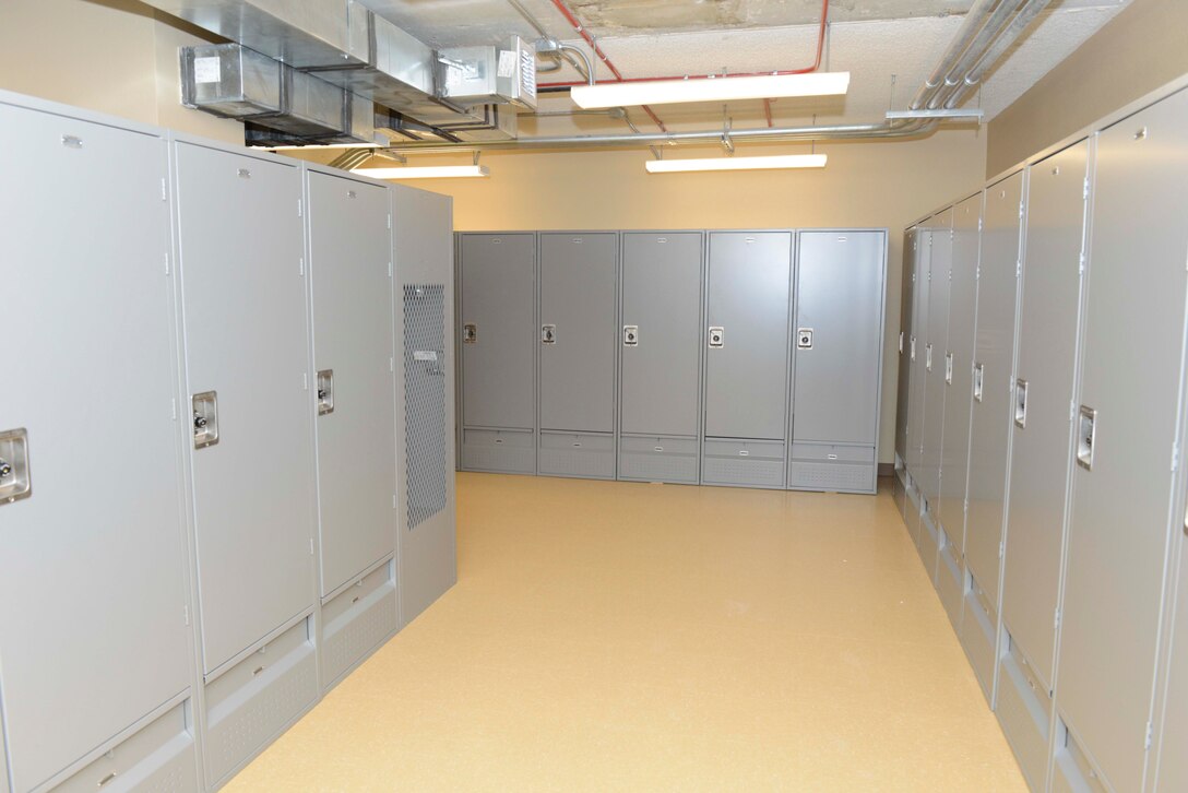 Large lockers are provided on each floor for Airmen's storage of personal items. (U.S. Air Force photo by Kenji Thuloweit)