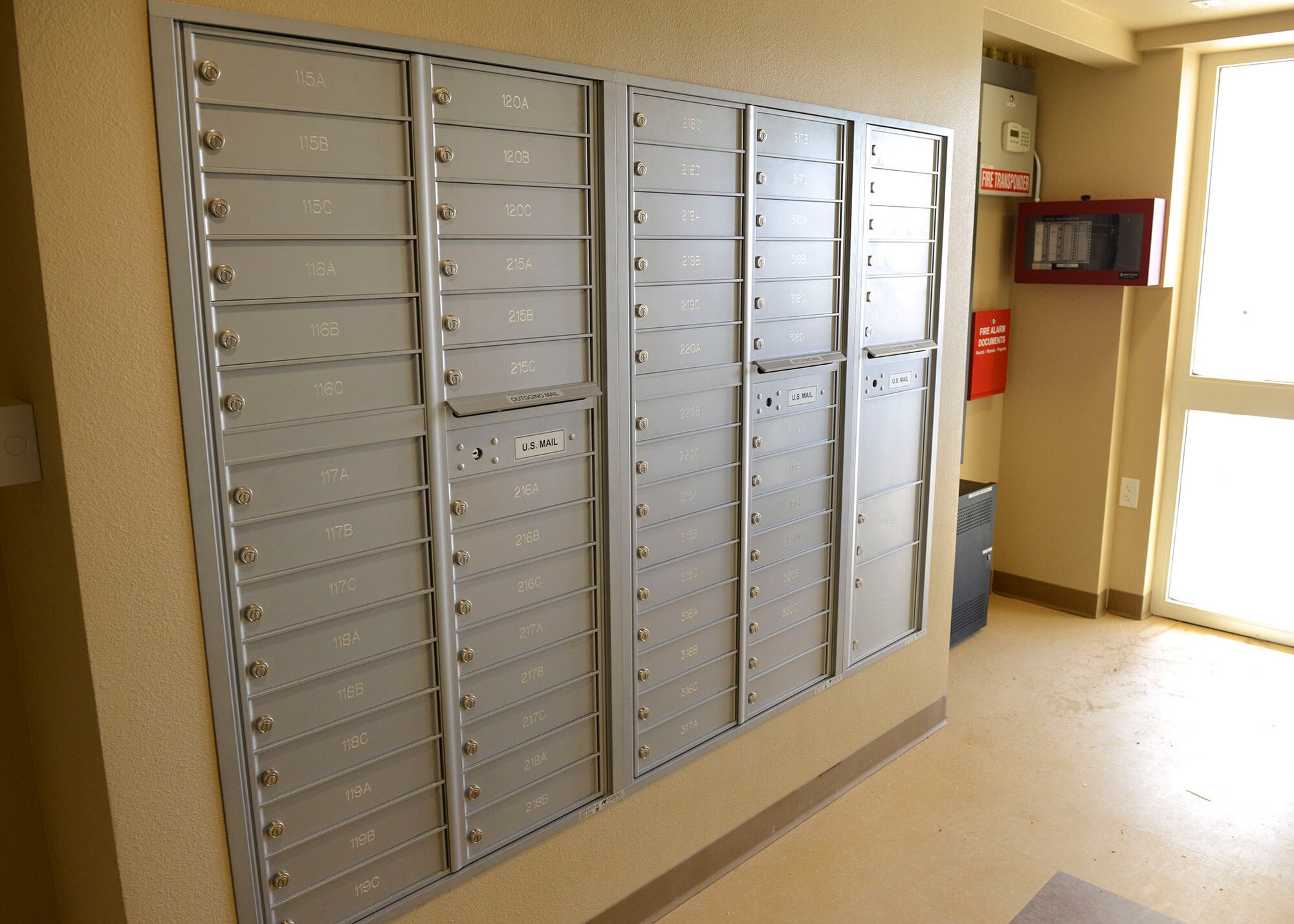Mailboxes for every occupant of the newly renovated Dorm 2423 are located on the first floor. (U.S. Air Force photo by Kenji Thuloweit)