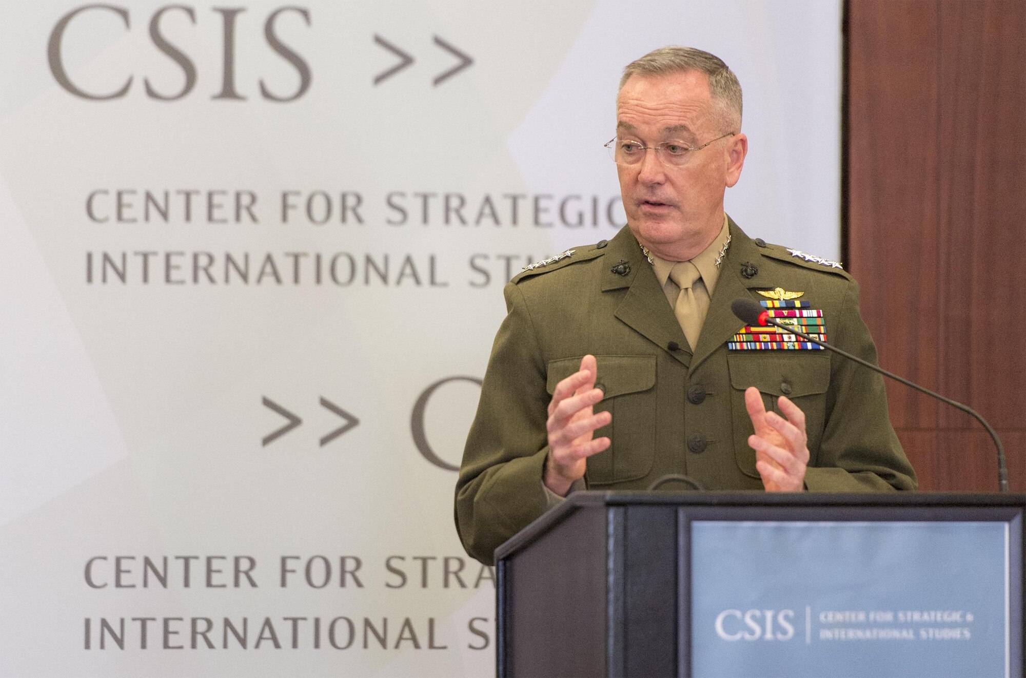 Marine Corps Gen. Joe Dunford, chairman of the Joint Chiefs of Staff, speaks at the Center for Strategic and International Studies in Washington, D.C., March 29, 2016. DoD photo by Navy Petty Officer 2nd Class Dominique A. Pineiro