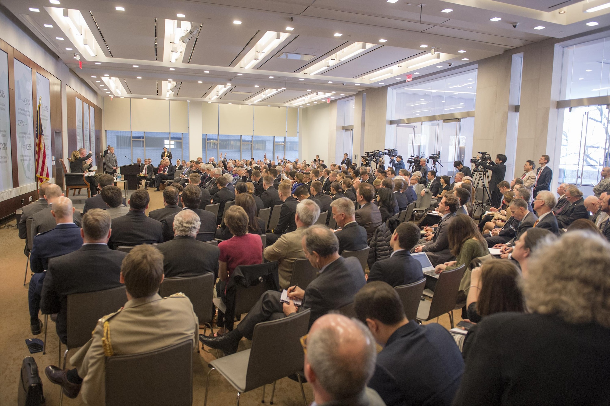 Attendees listen as Marine Corps Gen. Joe Dunford, chairman of the Joint Chiefs of Staff, participates in a forum on global security challenges at the Center for Strategic and International Studies in Washington, D.C., March 29th, 2016. DoD photo by Navy Petty Officer 2nd Class Dominique A. Pineiro