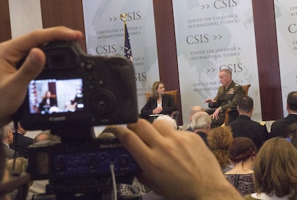 A camera captures imagery as Marine Corps Gen. Joe Dunford, chairman of the Joint Chiefs of Staff, participates in a discussion at the Center for Strategic and International Studies in Washington, D.C., March 29, 2016. DoD photo by Navy Petty Officer 2nd Class Dominique A. Pineiro